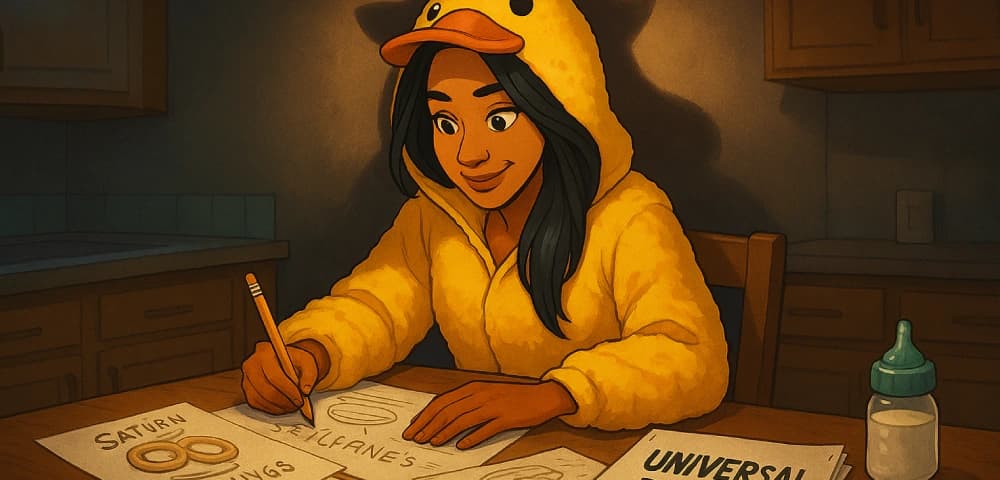 Stylised illustration of notes, cables, and a rubber duck icon swirling like an early business blueprint