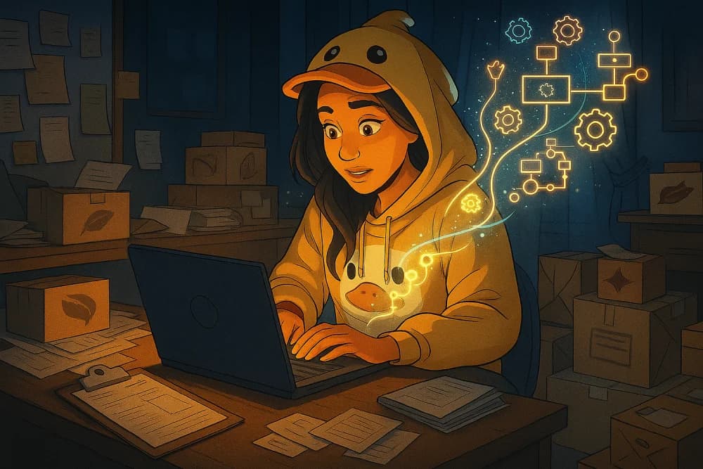 Illustrated automation board covered in timers, scripts, and duct-taped workflows