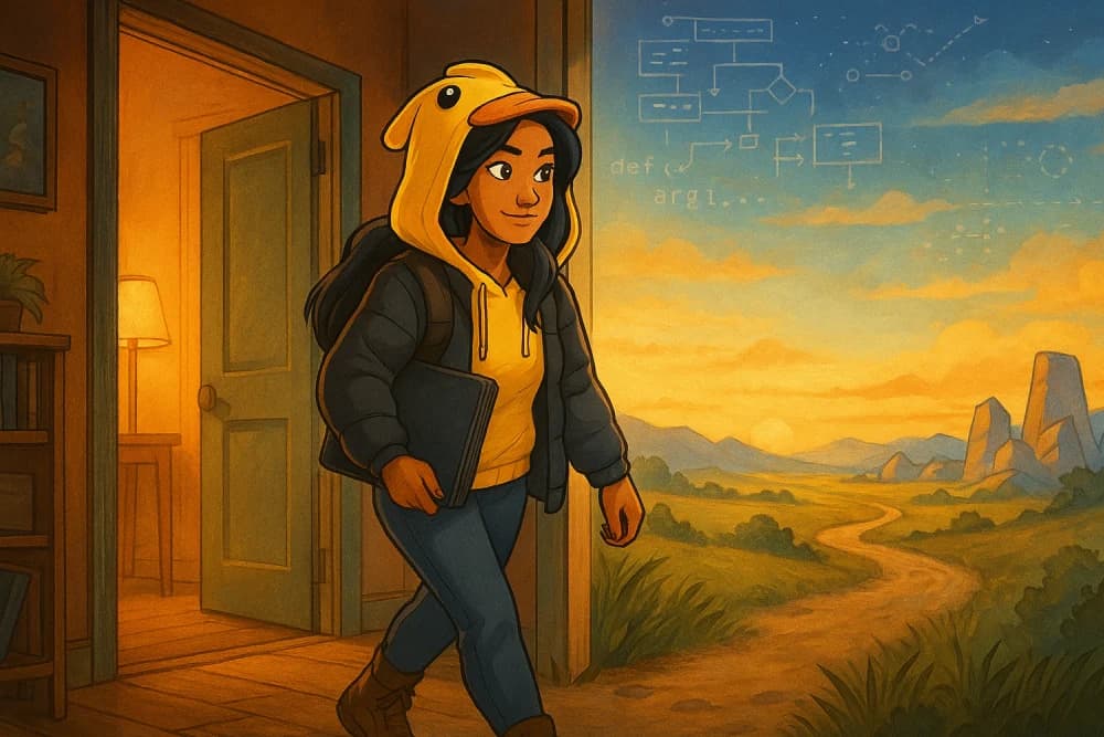 Playful illustration of dashboards, pings, and emails stacking around an overwhelmed engineer