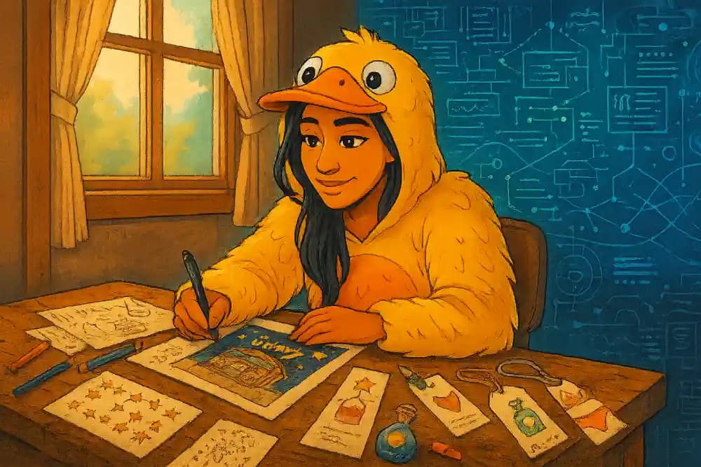 Cartoon rubber duck surrounded by floating interface cards representing my Fluffy Duck era